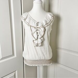 Mine Boho Cottagecore Ivory Ruffled Exposed Stitching Bib Collar Blouse - Small